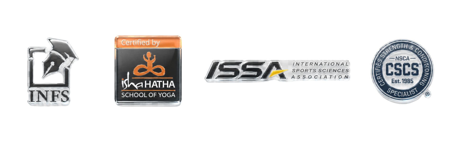 Certifications: INFS, Isha Hatha School of Yoga, ISSA, NSCA CSCS