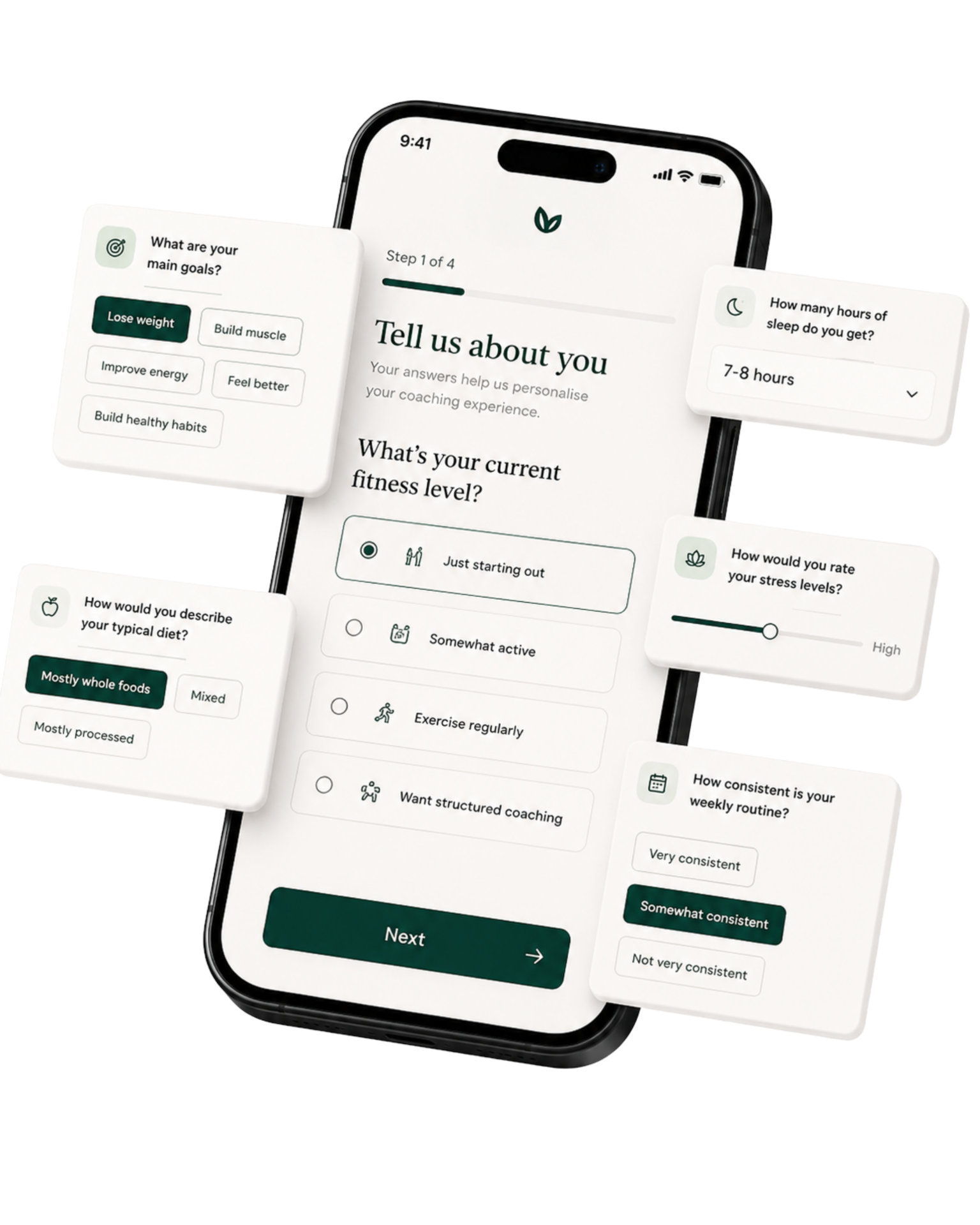 InfinityOne app onboarding questions on a phone