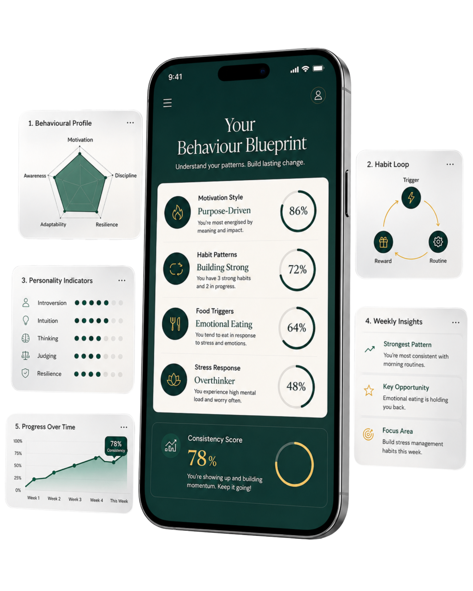 Behaviour assessment dashboard — behavioural profile, habit loop, personality indicators, weekly insights