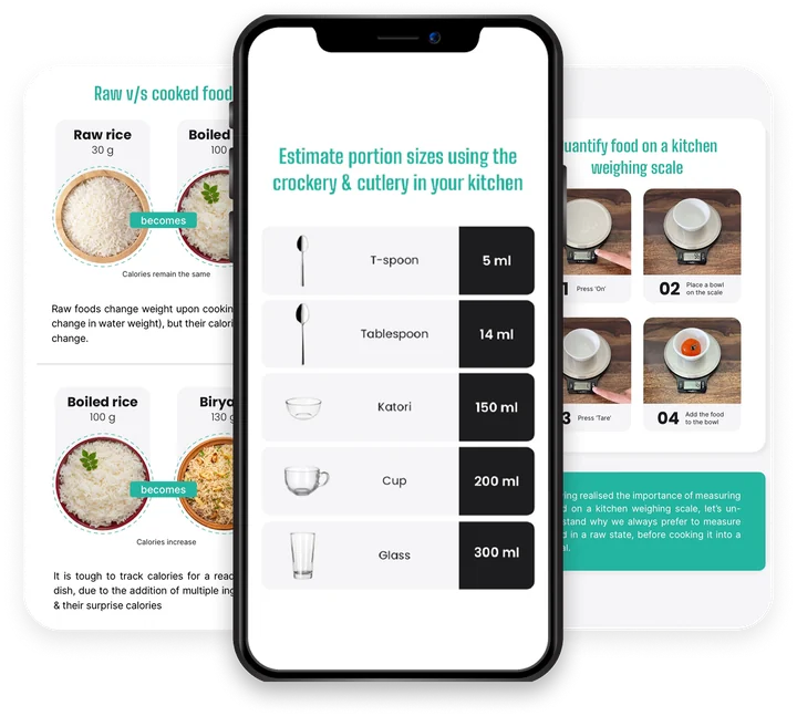 Portion size and food measurement guides inside the app