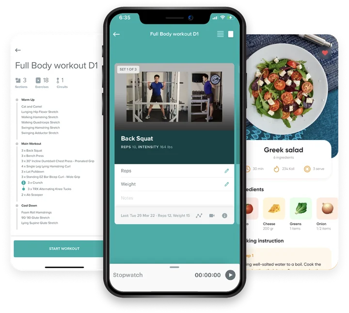 Full body workout and meal plan screens in the app