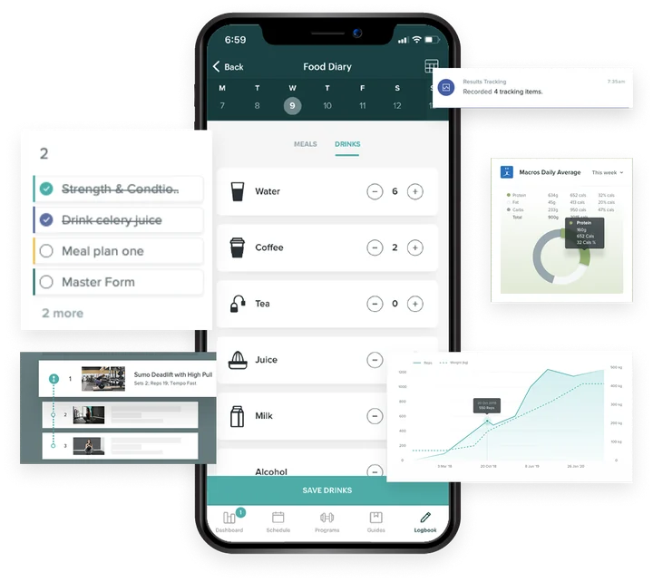 Weekly tracking dashboard — food diary, macros, progress chart