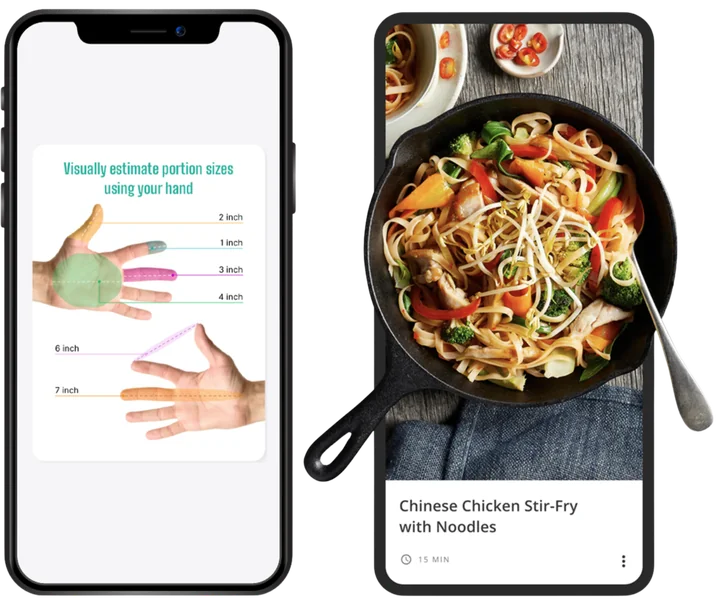 Hand-portion guide and a real-world meal in the app