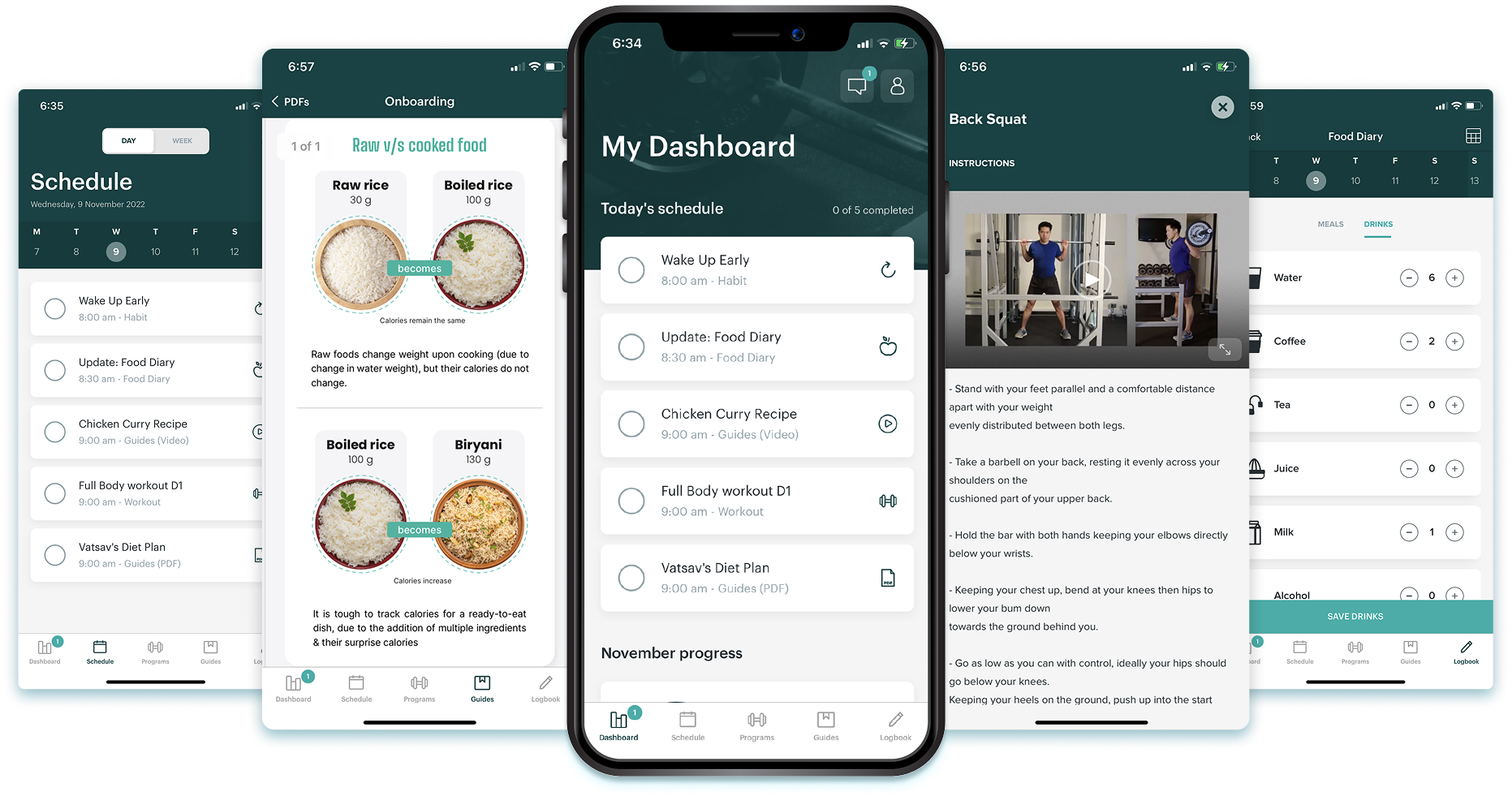 InfinityOne app — five screens showing dashboard, schedule, guides, workout videos, and food diary